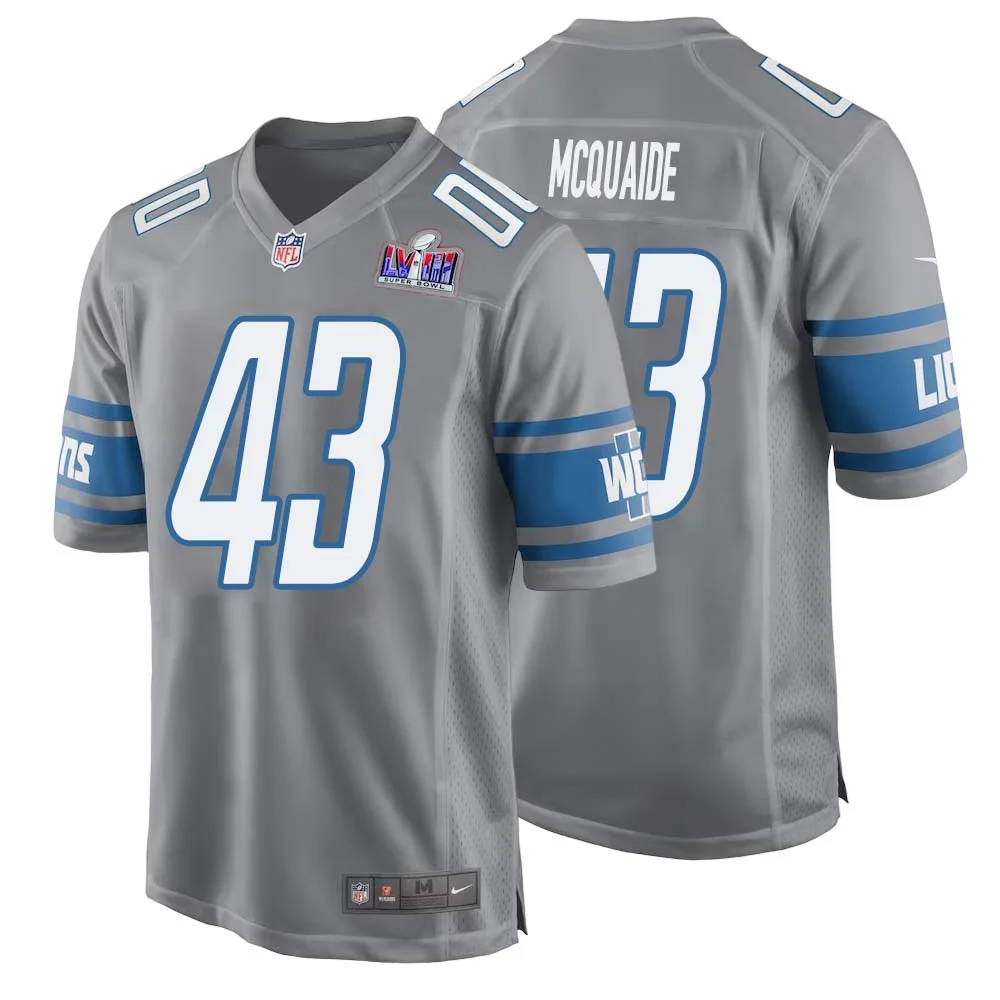 Jake McQuaide No 43 Mens Custom Gray Detroit Lions Alternate Super Bowl LVIII Game Jersey