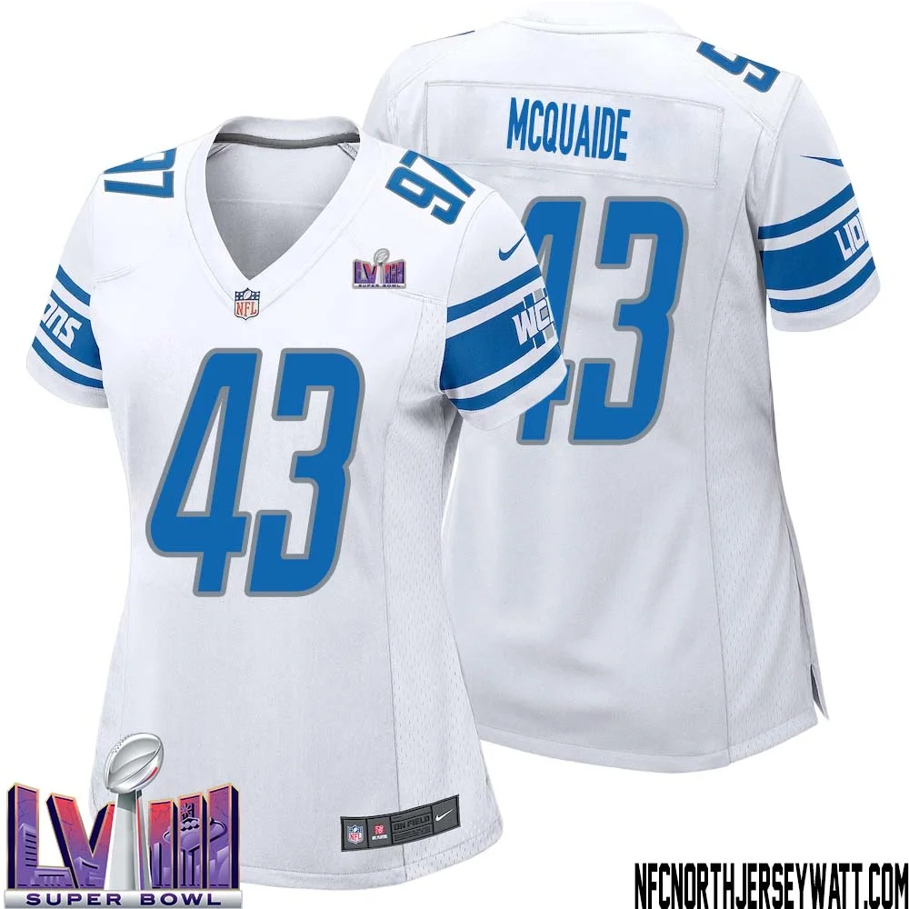 Jake McQuaide No 43 Women White Detroit Lions Player Super Bowl LVIII Away Game Jersey 1