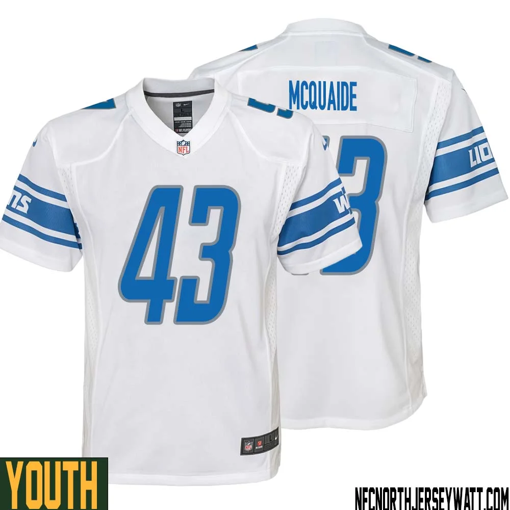 Jake McQuaide No 43 Youth White Detroit Lions Player Away Game Jersey