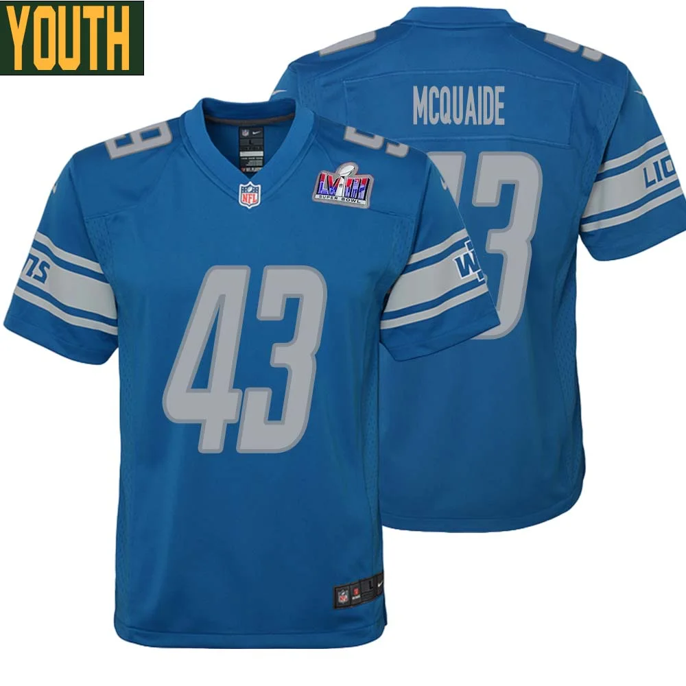 Jake McQuaide No 43 Youths Custom Blue Detroit Lions Super Bowl LVIII Player Home Game Jersey