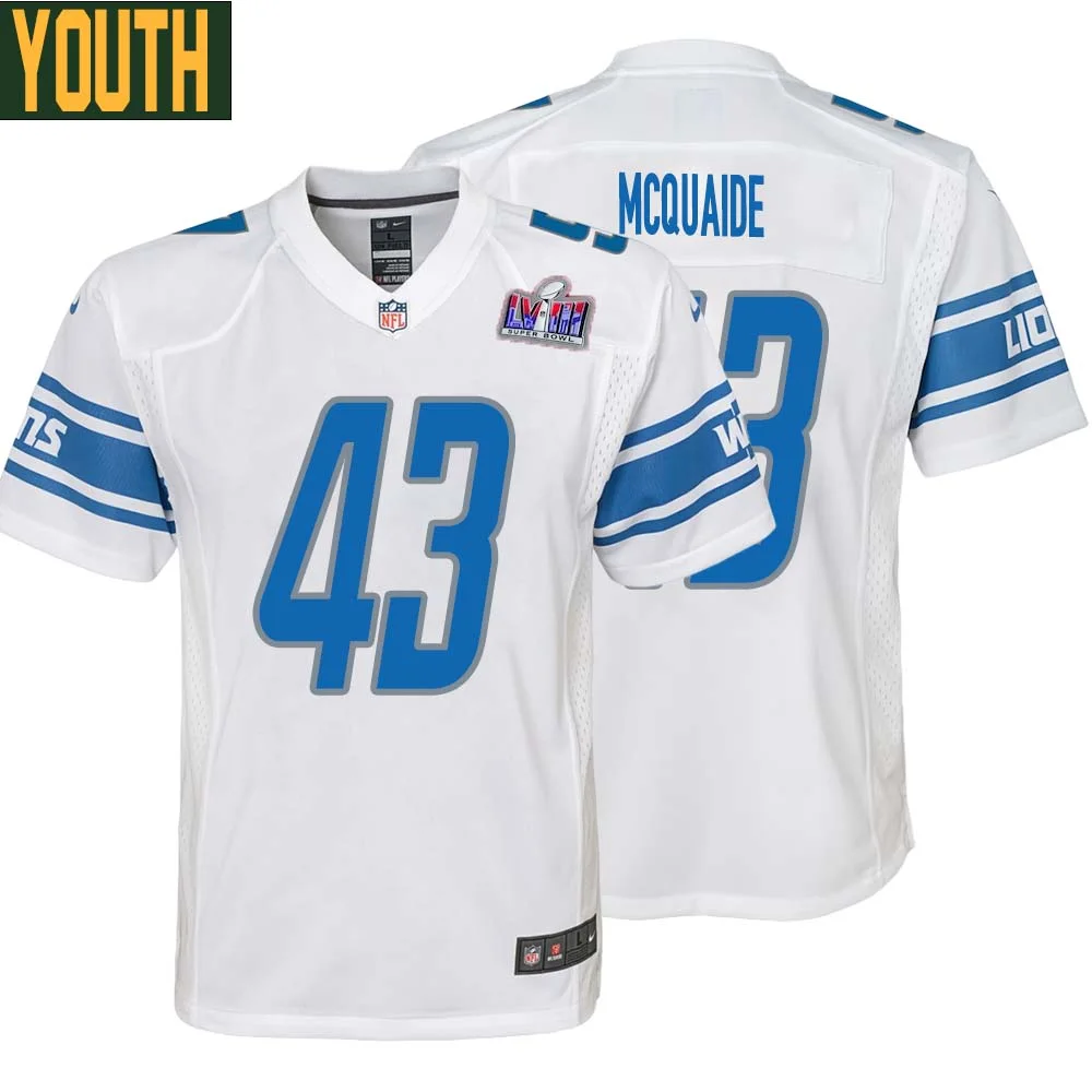 Jake McQuaide No 43 Youths Custom White Detroit Lions Super Bowl LVIII Away Game Jersey