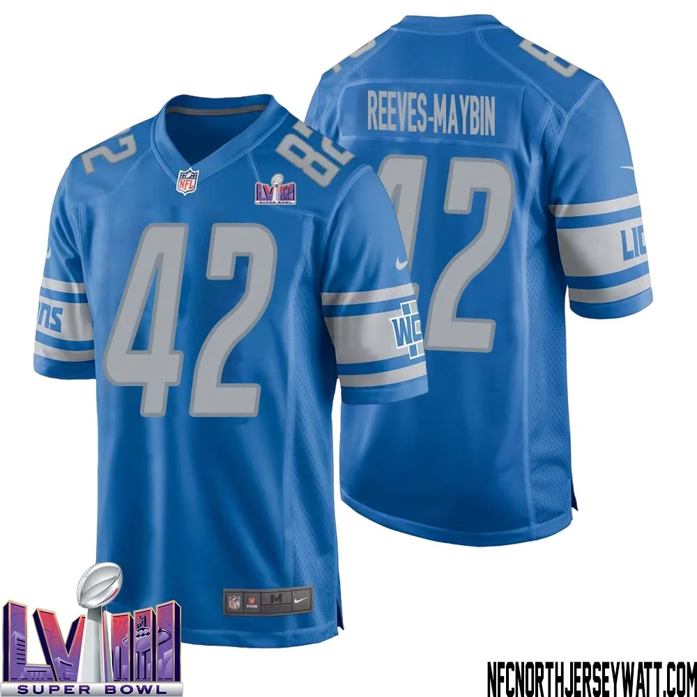 Jalen Reeves Maybin No 42 Men Blue Detroit Lions Player Super Bowl LVIII Home Game Jersey 1
