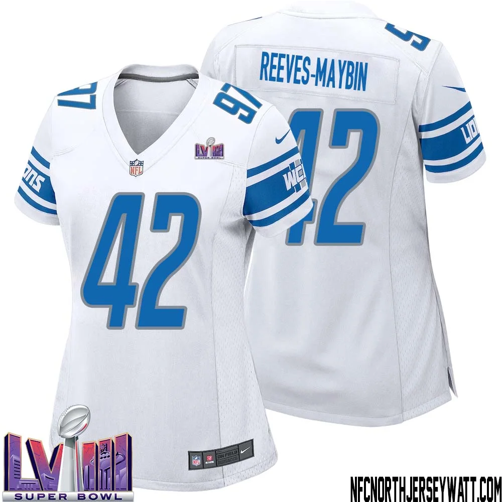 Jalen Reeves Maybin No 42 Women White Detroit Lions Player Super Bowl LVIII Away Game Jersey 1