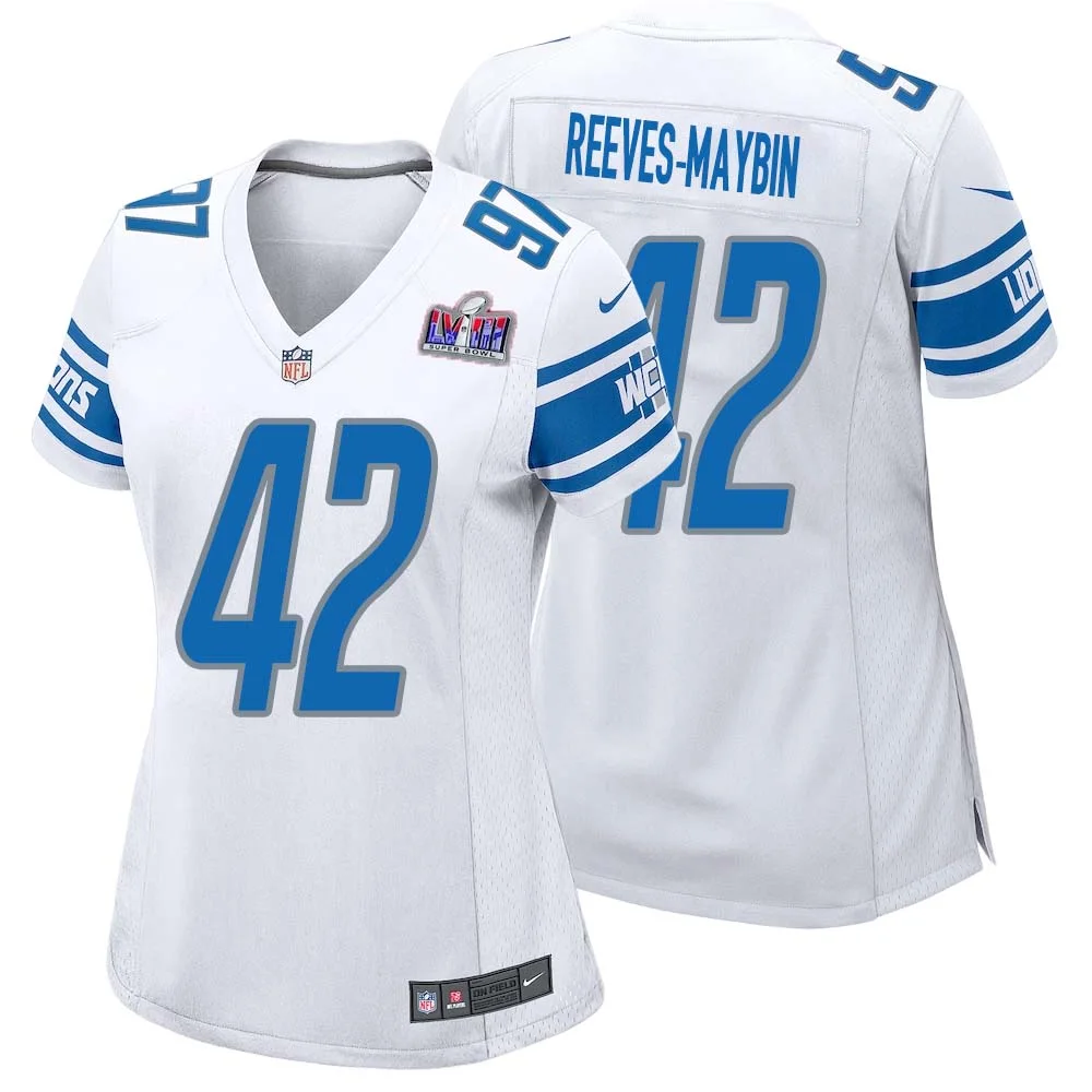 Jalen Reeves Maybin No 42 Womens Custom White Detroit Lions Super Bowl LVIII Away Game Jersey