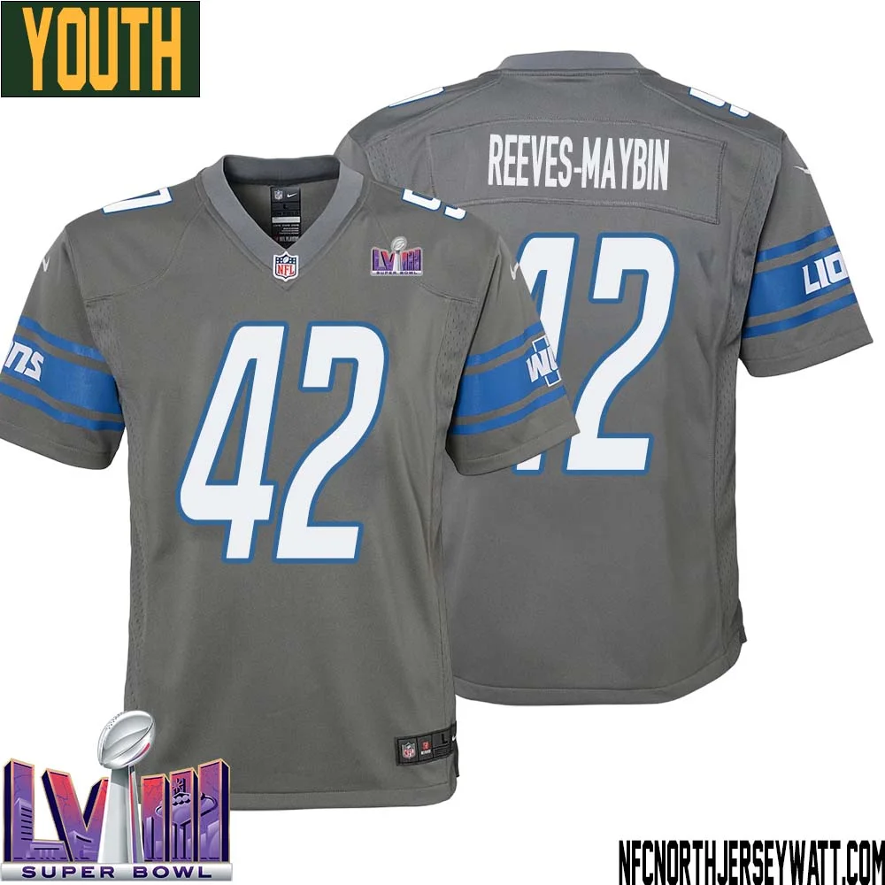 Jalen Reeves Maybin No 42 Youth Grey Detroit Lions Player Super Bowl LVIII Alternate Game Jersey