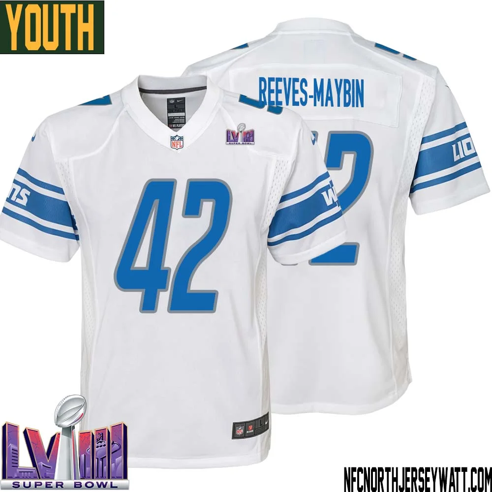 Jalen Reeves Maybin No 42 Youth White Detroit Lions Player Super Bowl LVIII Away Game Jersey