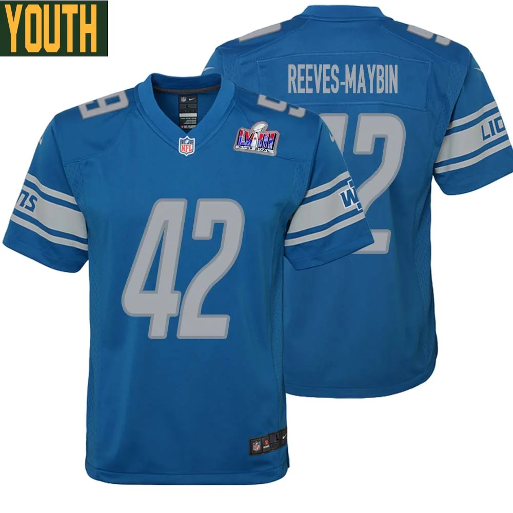Jalen Reeves Maybin No 42 Youths Custom Blue Detroit Lions Super Bowl LVIII Player Home Game Jersey