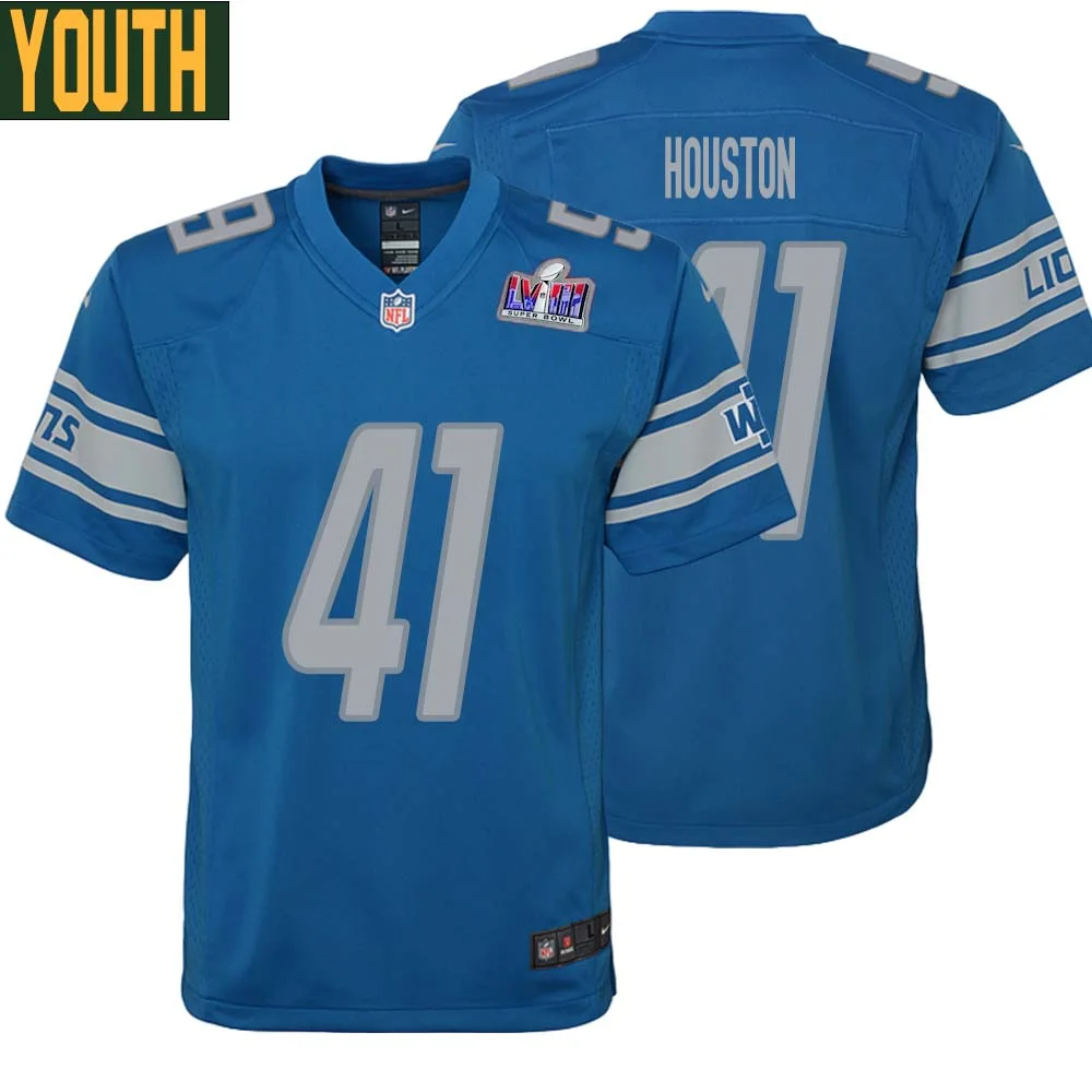 James Houston No 41 Youths Custom Blue Detroit Lions Super Bowl LVIII Player Home Game Jersey