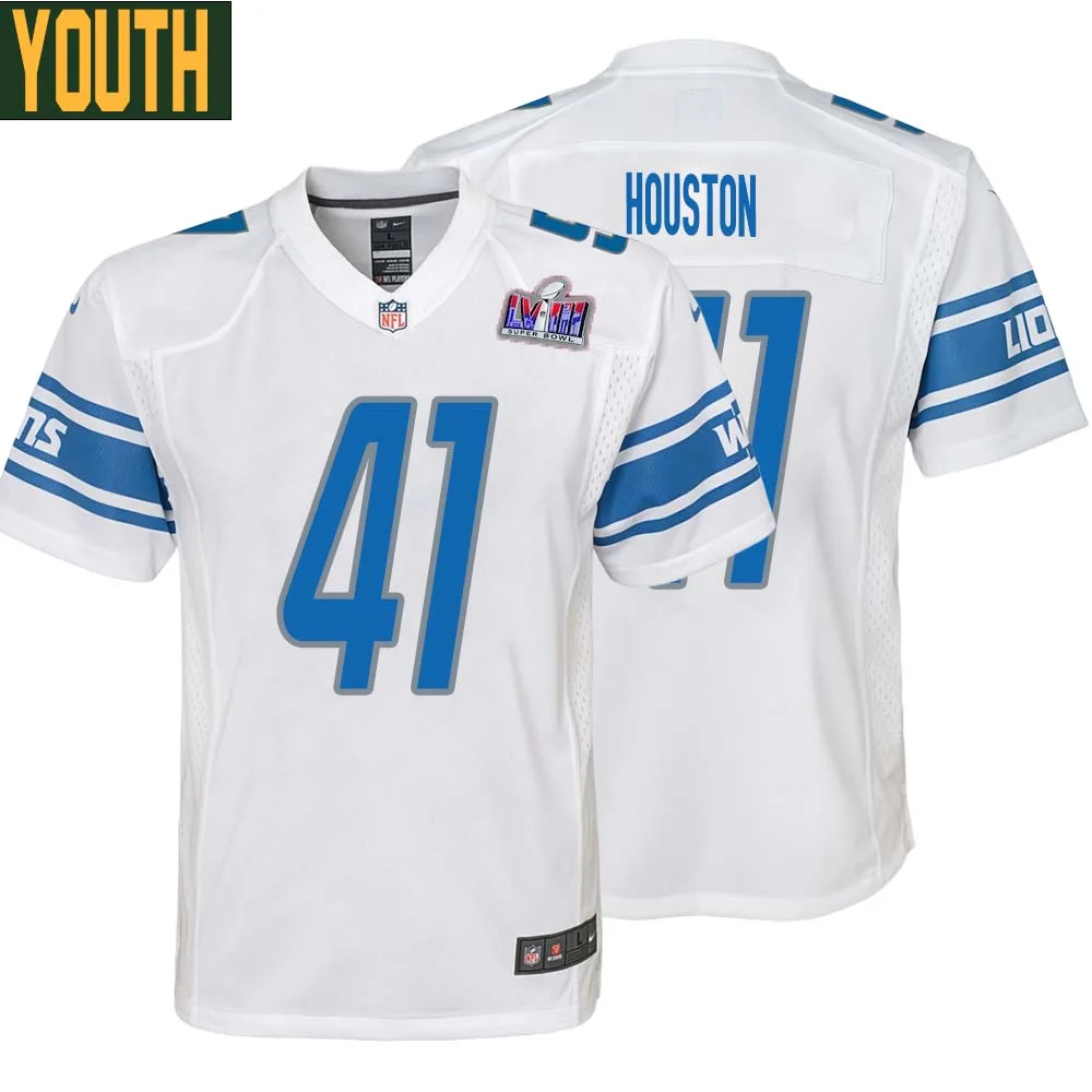 James Houston No 41 Youths Custom White Detroit Lions Super Bowl LVIII Away Game Jersey