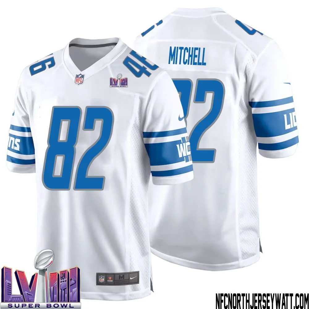 James Mitchell No 82 Men White Detroit Lions Player Super Bowl LVIII Away Game Jersey 1