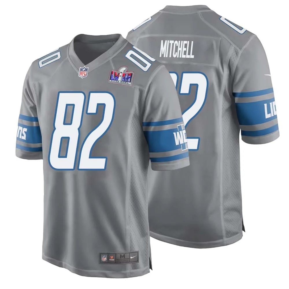 James Mitchell No 82 Mens Custom Gray Detroit Lions Alternate Super Bowl LVIII Game Jersey