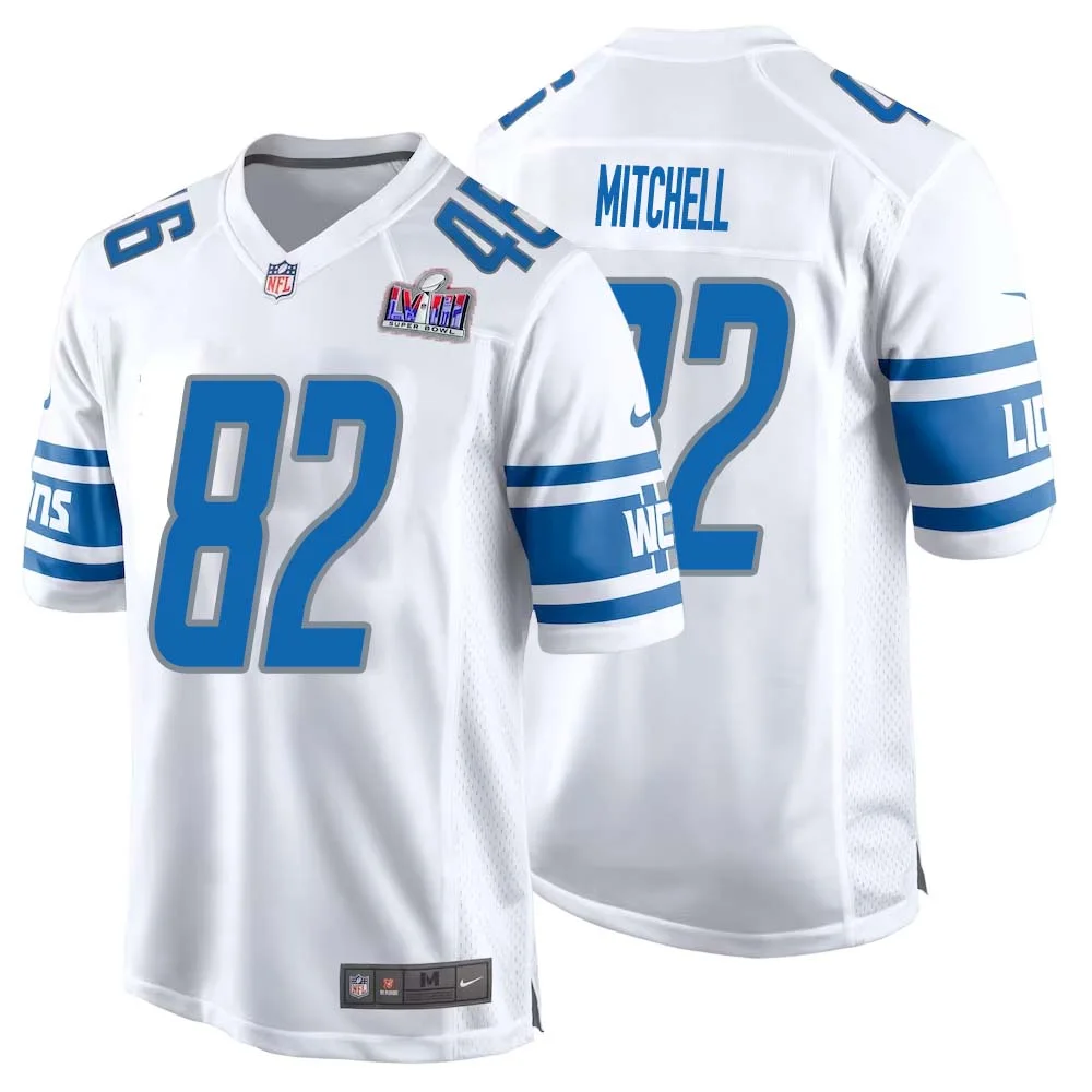 James Mitchell No 82 Mens Custom White Detroit Lions Super Bowl LVIII Away Game Jersey