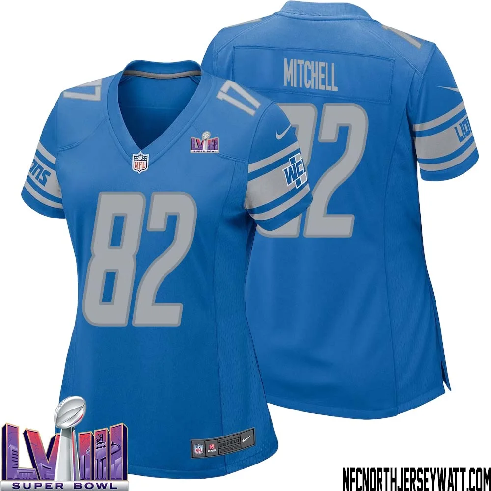 James Mitchell No 82 Women Blue Detroit Lions Player Super Bowl LVIII Home Game Jersey 1