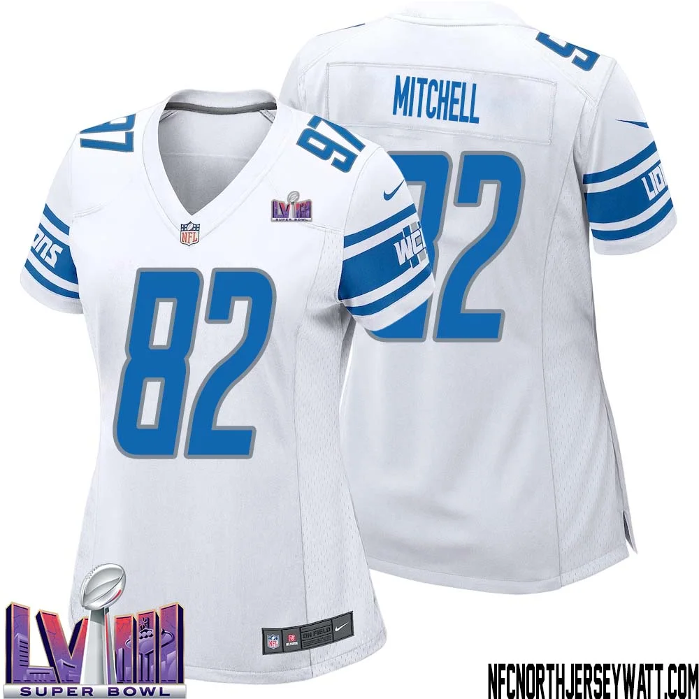 James Mitchell No 82 Women White Detroit Lions Player Super Bowl LVIII Away Game Jersey 1