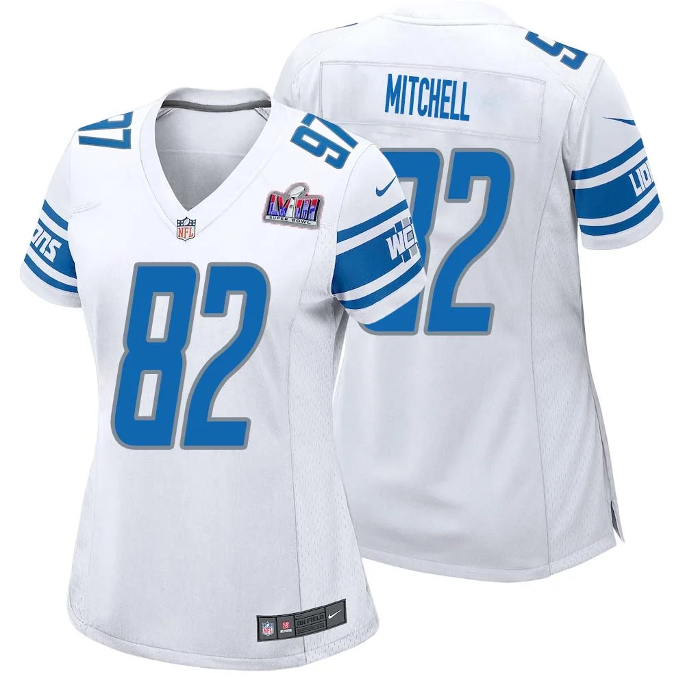 James Mitchell No 82 Womens Custom White Detroit Lions Super Bowl LVIII Away Game Jersey