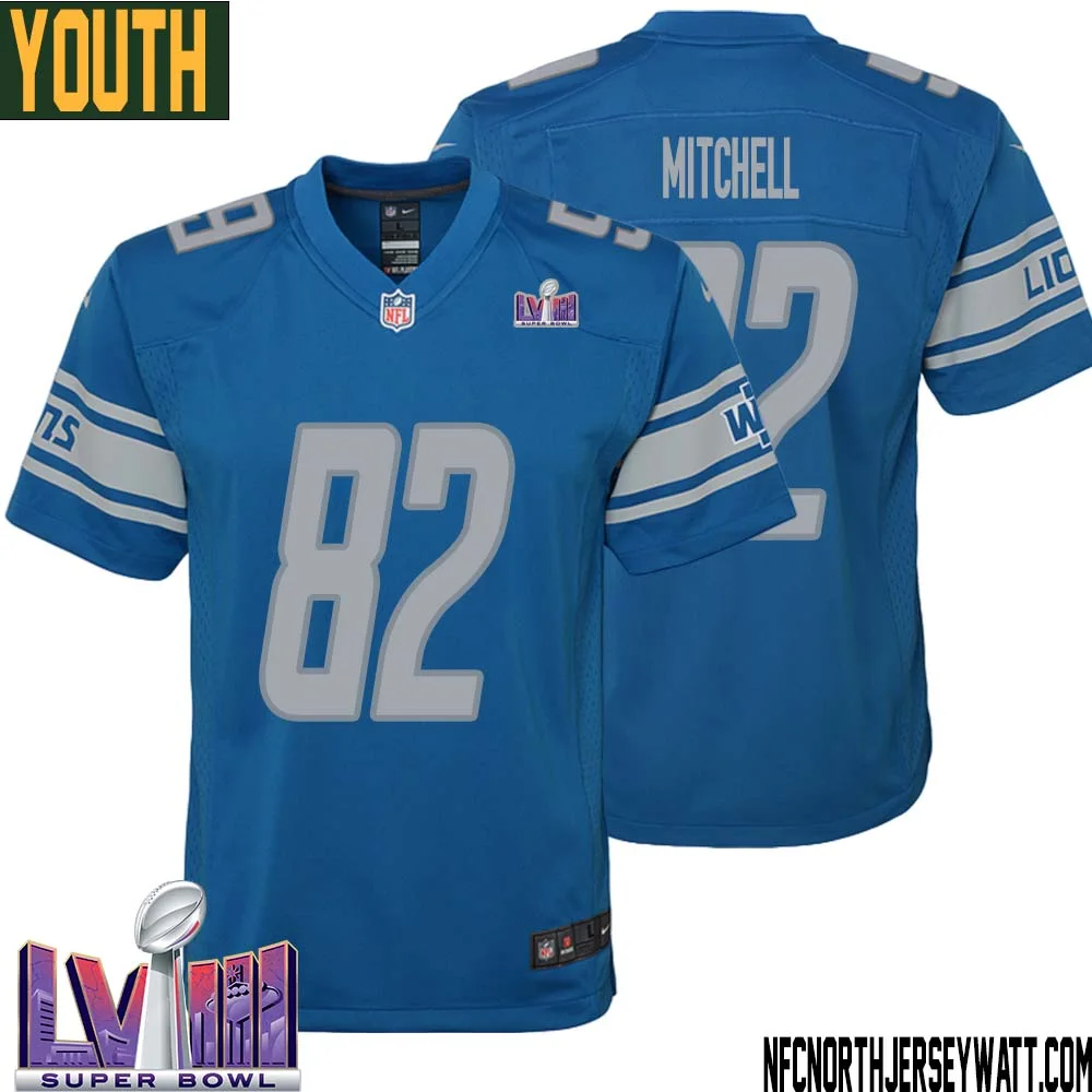James Mitchell No 82 Youth Blue Detroit Lions Player Super Bowl LVIII Home Game Jersey 1