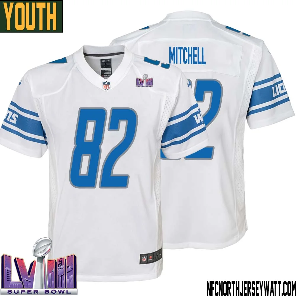James Mitchell No 82 Youth White Detroit Lions Player Super Bowl LVIII Away Game Jersey 1