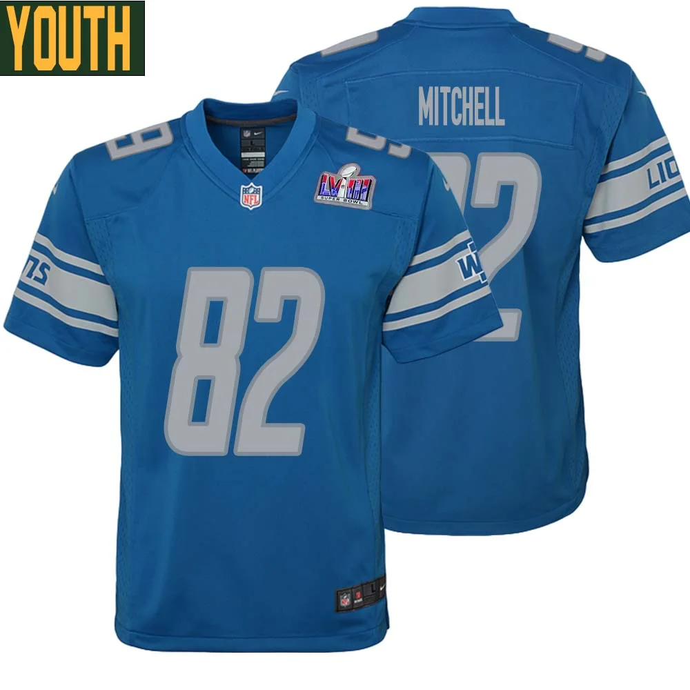 James Mitchell No 82 Youths Custom Blue Detroit Lions Super Bowl LVIII Player Home Game Jersey
