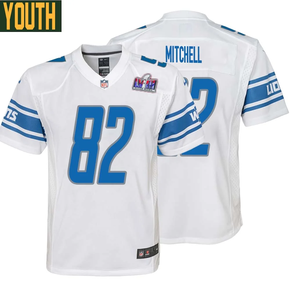 James Mitchell No 82 Youths Custom White Detroit Lions Super Bowl LVIII Away Game Jersey