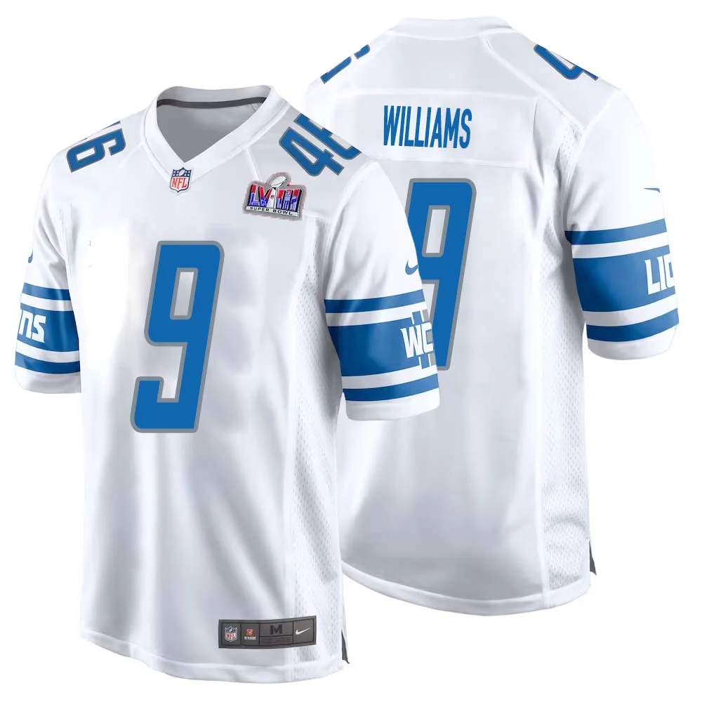 Jameson Williams No 9 Mens Custom White Detroit Lions Super Bowl LVIII Away Game Jersey