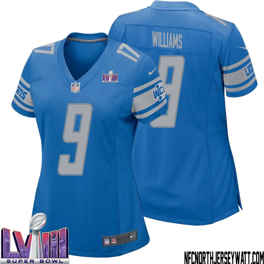 Jameson Williams No 9 Women Blue Detroit Lions Player Super Bowl LVIII Home Game Jersey