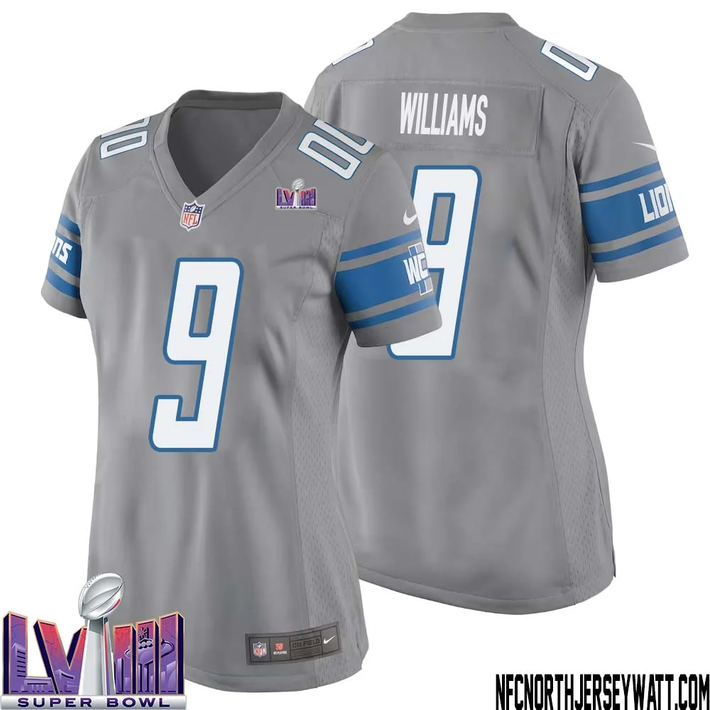 Jameson Williams No 9 Women Grey Detroit Lions Player Super Bowl LVIII Alternate Game Jersey