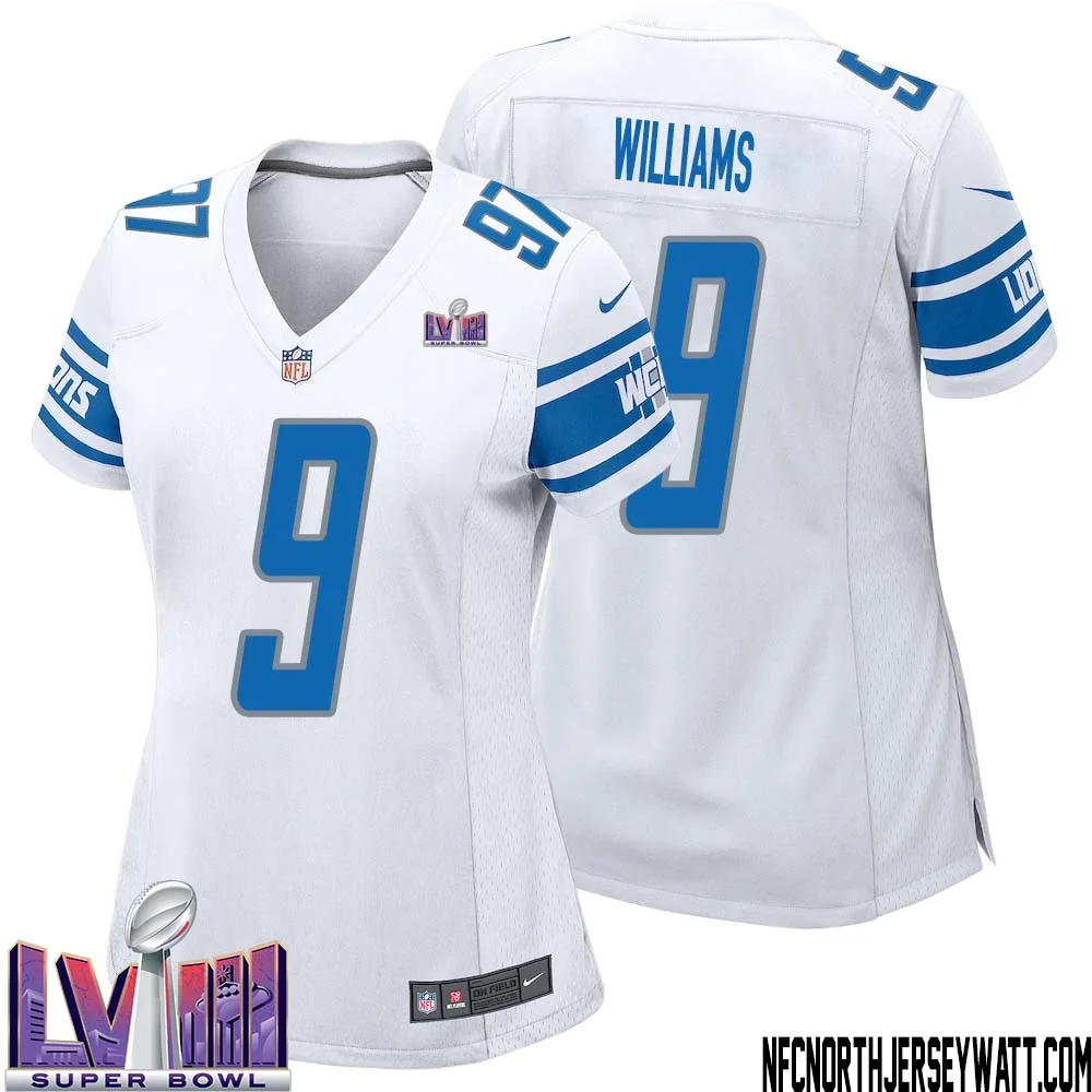 Jameson Williams No 9 Women White Detroit Lions Player Super Bowl LVIII Away Game Jersey 1