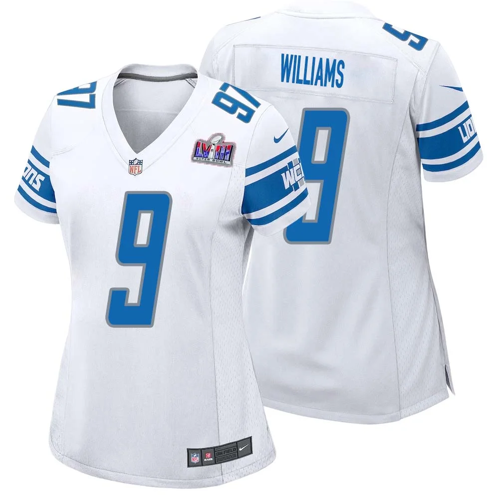 Jameson Williams No 9 Womens Custom White Detroit Lions Super Bowl LVIII Away Game Jersey