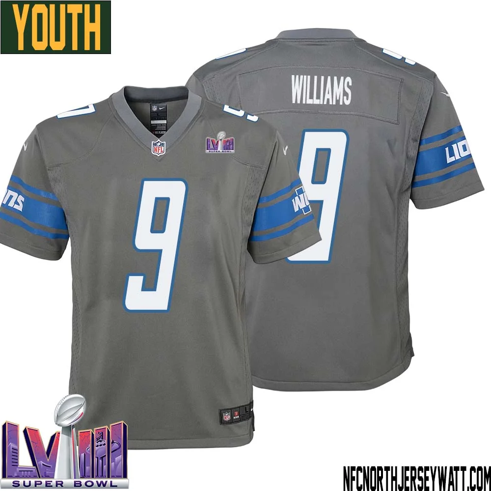 Jameson Williams No 9 Youth Grey Detroit Lions Player Super Bowl LVIII Alternate Game Jersey