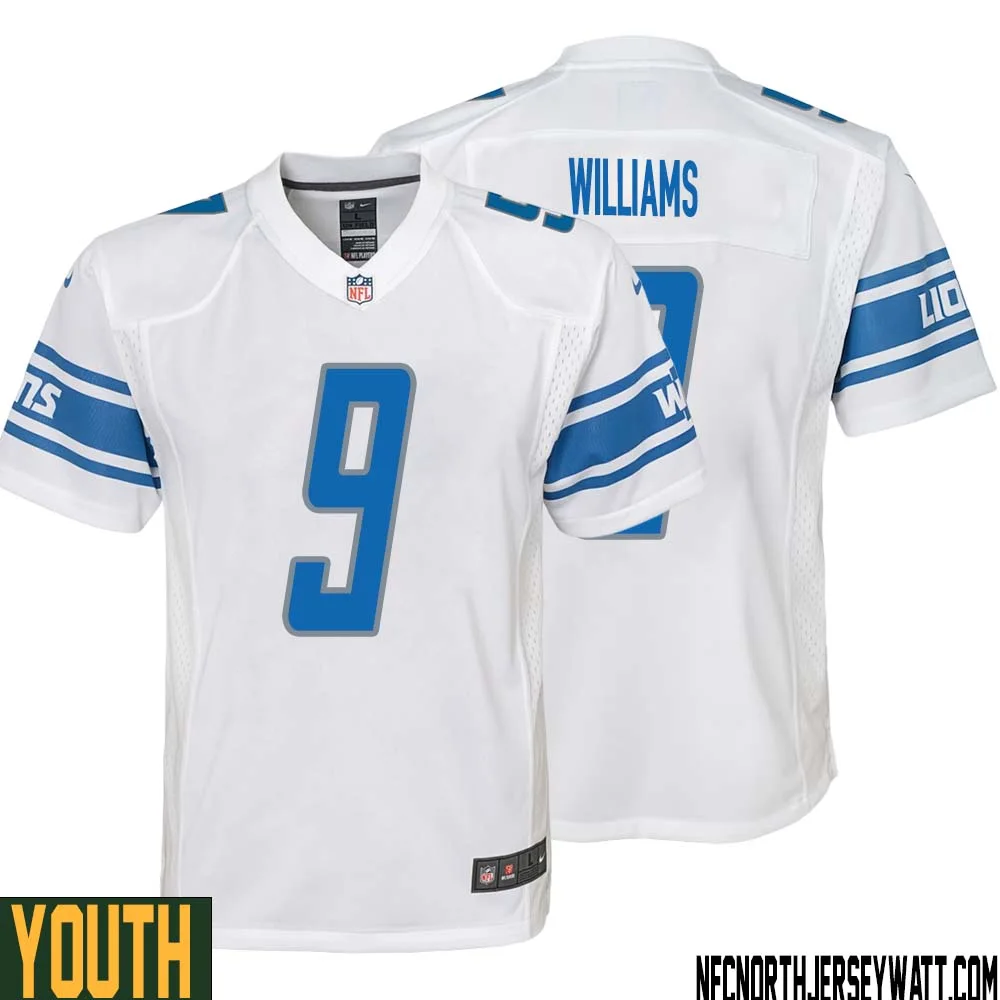 Jameson Williams No 9 Youth White Detroit Lions Player Away Game Jersey 1
