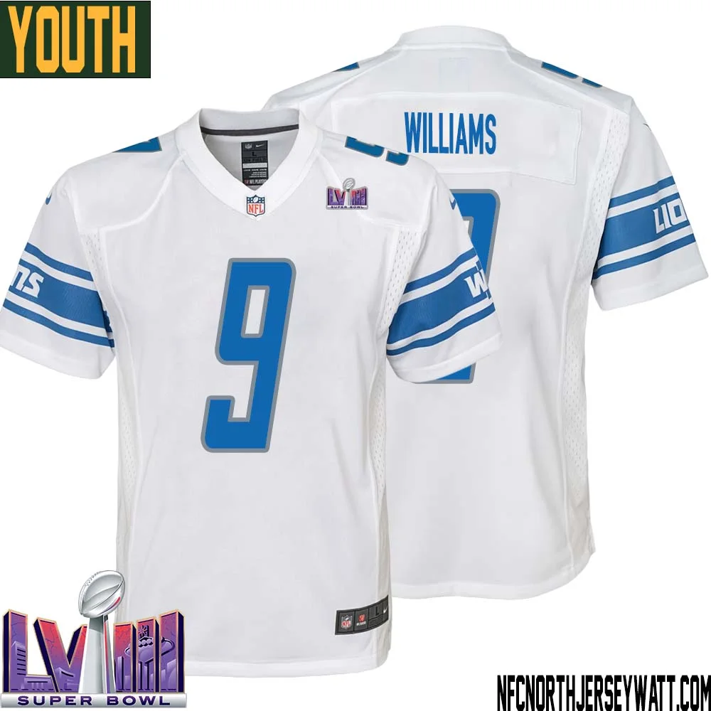 Jameson Williams No 9 Youth White Detroit Lions Player Super Bowl LVIII Away Game Jersey