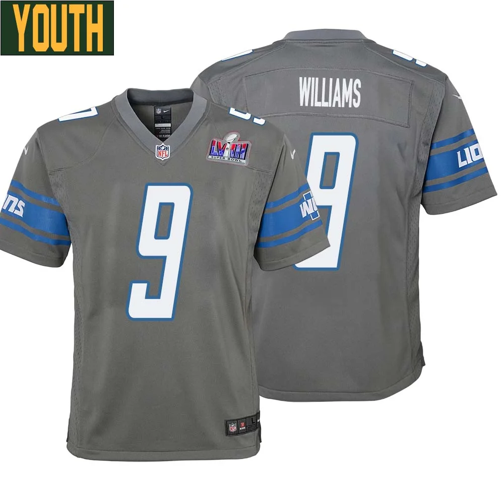 Jameson Williams No 9 Youths Custom Gray Detroit Lions Alternate Super Bowl LVIII Game Jersey