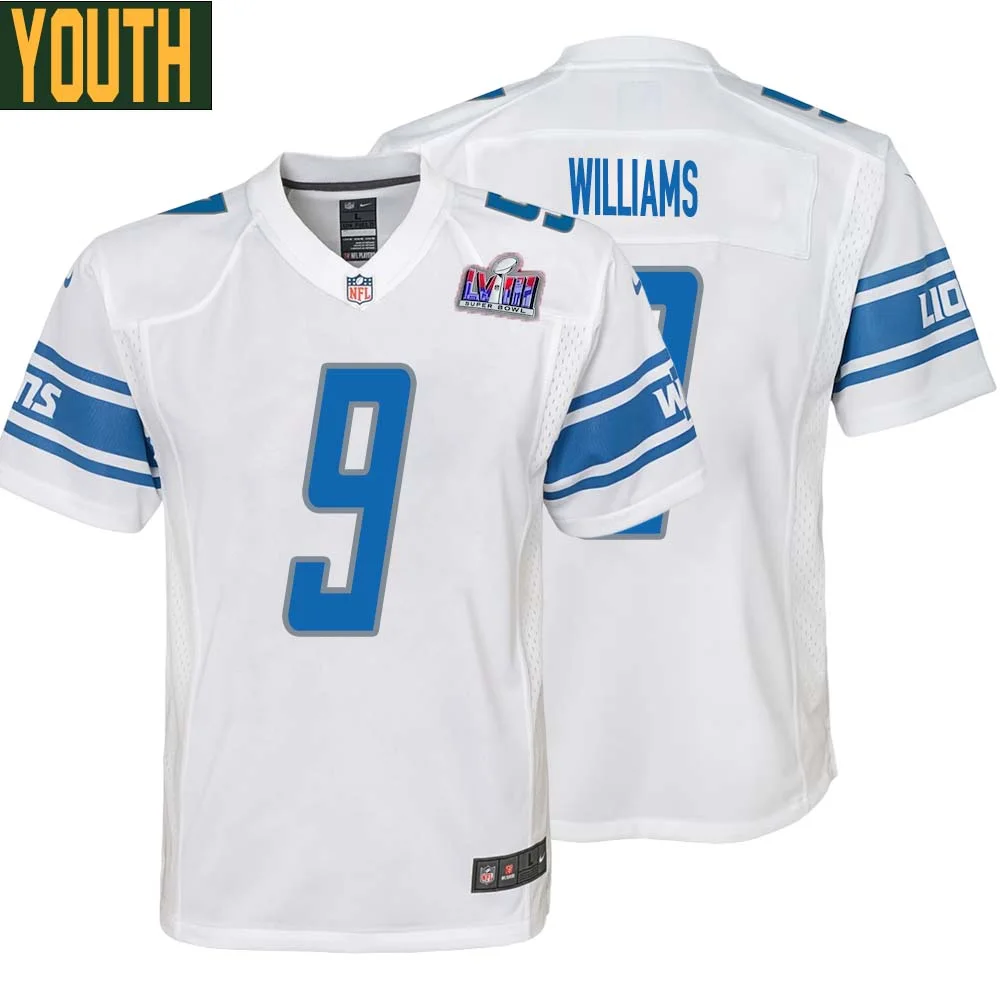 Jameson Williams No 9 Youths Custom White Detroit Lions Super Bowl LVIII Away Game Jersey