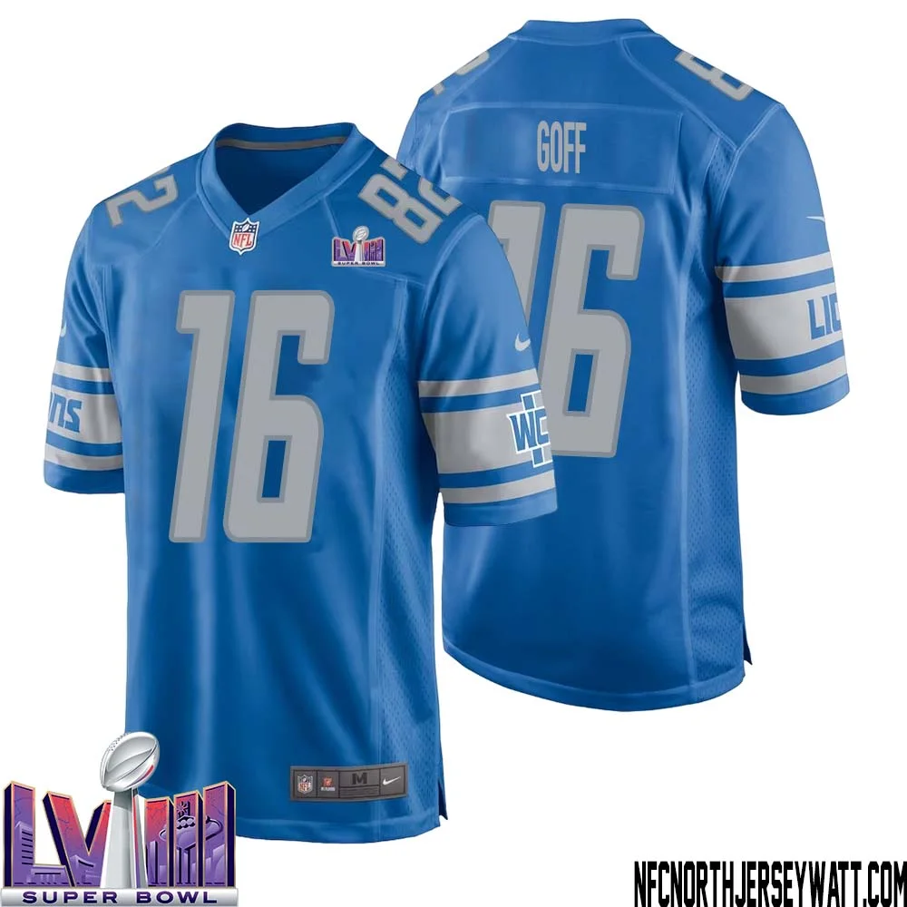 Jared Goff No 16 Men Blue Detroit Lions Player Super Bowl LVIII Home Game Jersey