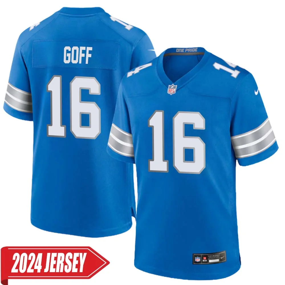 Jared Goff No 16 Men s Detroit Lions Home Game 2024 Jersey Blue