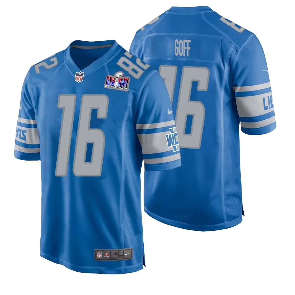 Jared Goff No 16 Mens Custom Blue Detroit Lions Super Bowl LVIII Player Home Game Jersey