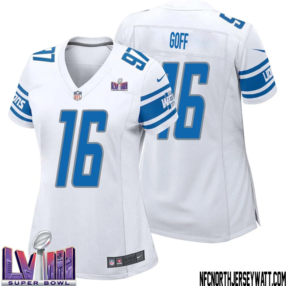 Jared Goff No 16 Women White Detroit Lions Player Super Bowl LVIII Away Game Jersey 1