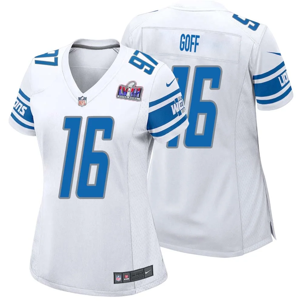 Jared Goff No 16 Womens Custom White Detroit Lions Super Bowl LVIII Away Game Jersey