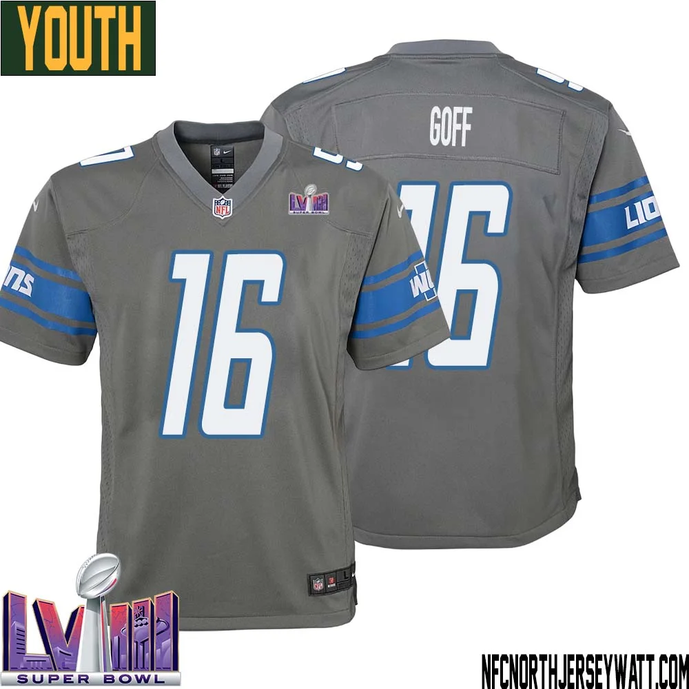 Jared Goff No 16 Youth Grey Detroit Lions Player Super Bowl LVIII Alternate Game Jersey 1