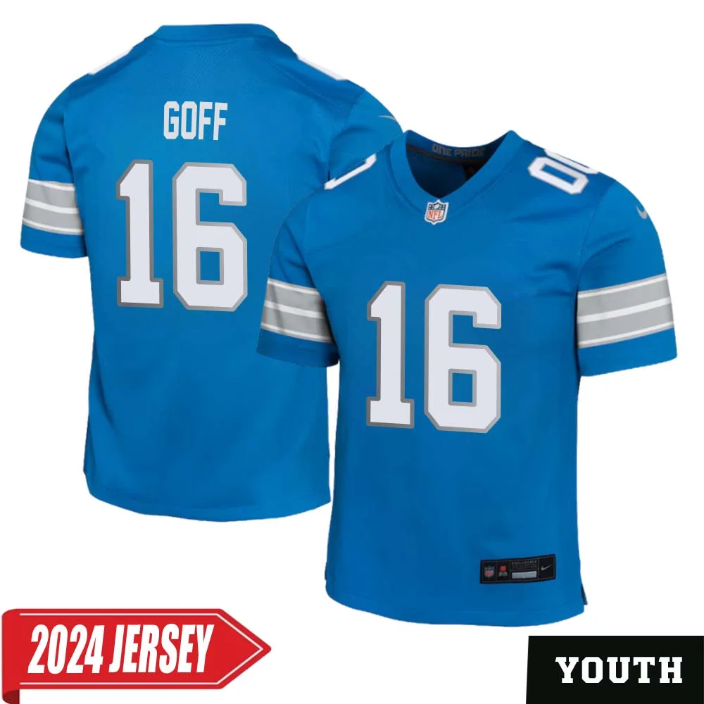 Jared Goff No 16 Youth s Detroit Lions Home Game 2024 Jersey Blue