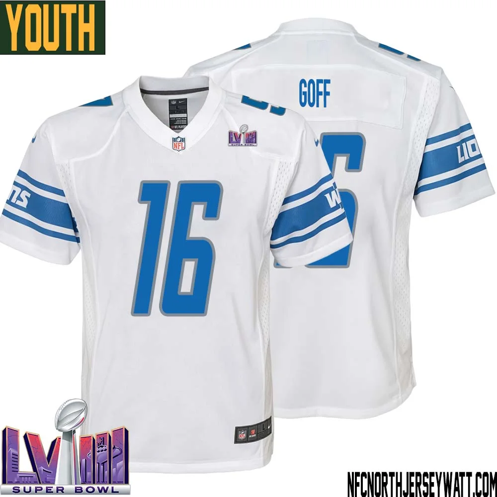 Jared Goff No 16 Youth White Detroit Lions Player Super Bowl LVIII Away Game Jersey 1