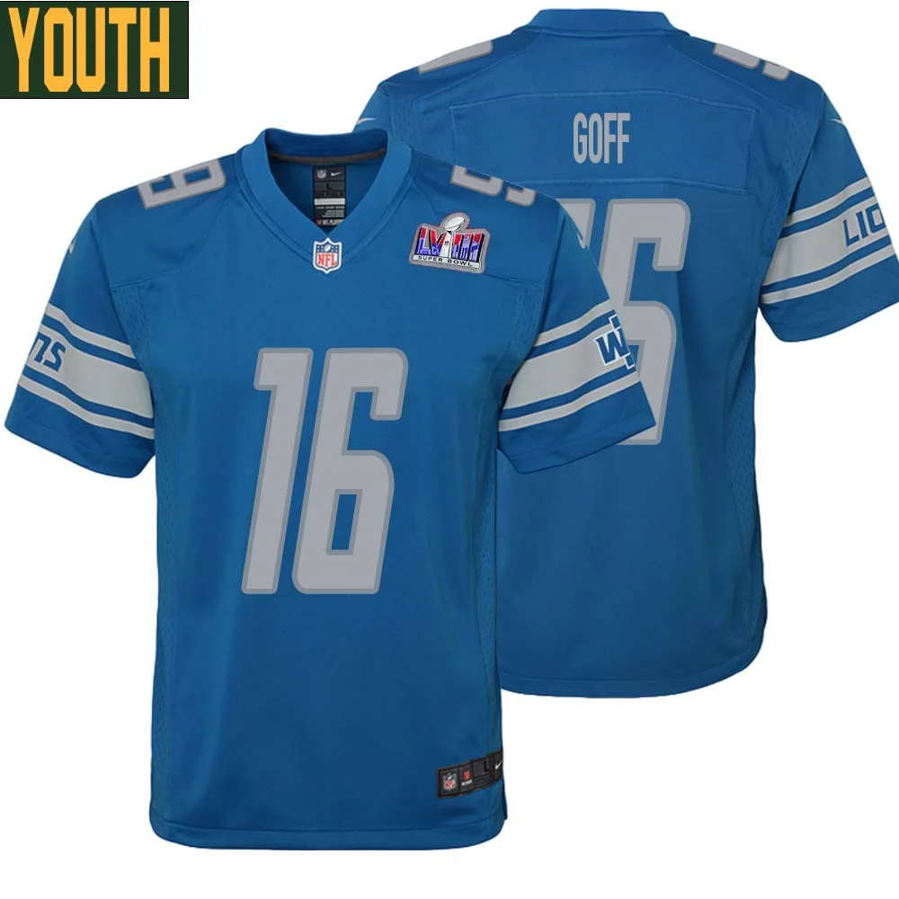 Jared Goff No 16 Youths Custom Blue Detroit Lions Super Bowl LVIII Player Home Game Jersey