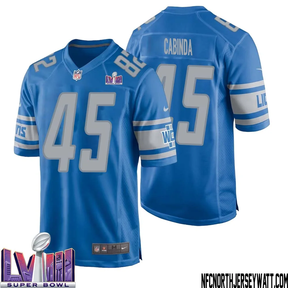 Jason Cabinda No 45 Men Blue Detroit Lions Player Super Bowl LVIII Home Game Jersey 1