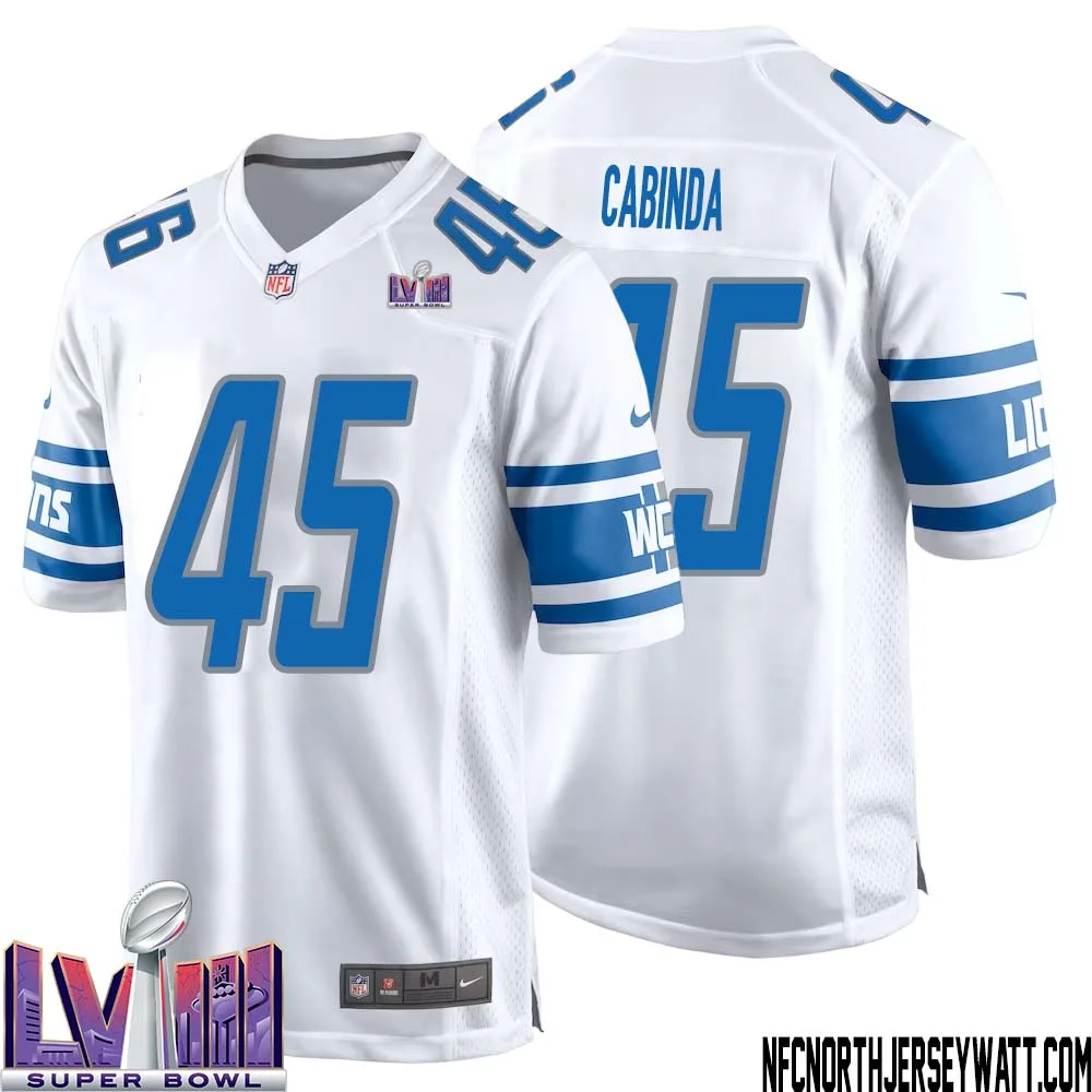 Jason Cabinda No 45 Men White Detroit Lions Player Super Bowl LVIII Away Game Jersey