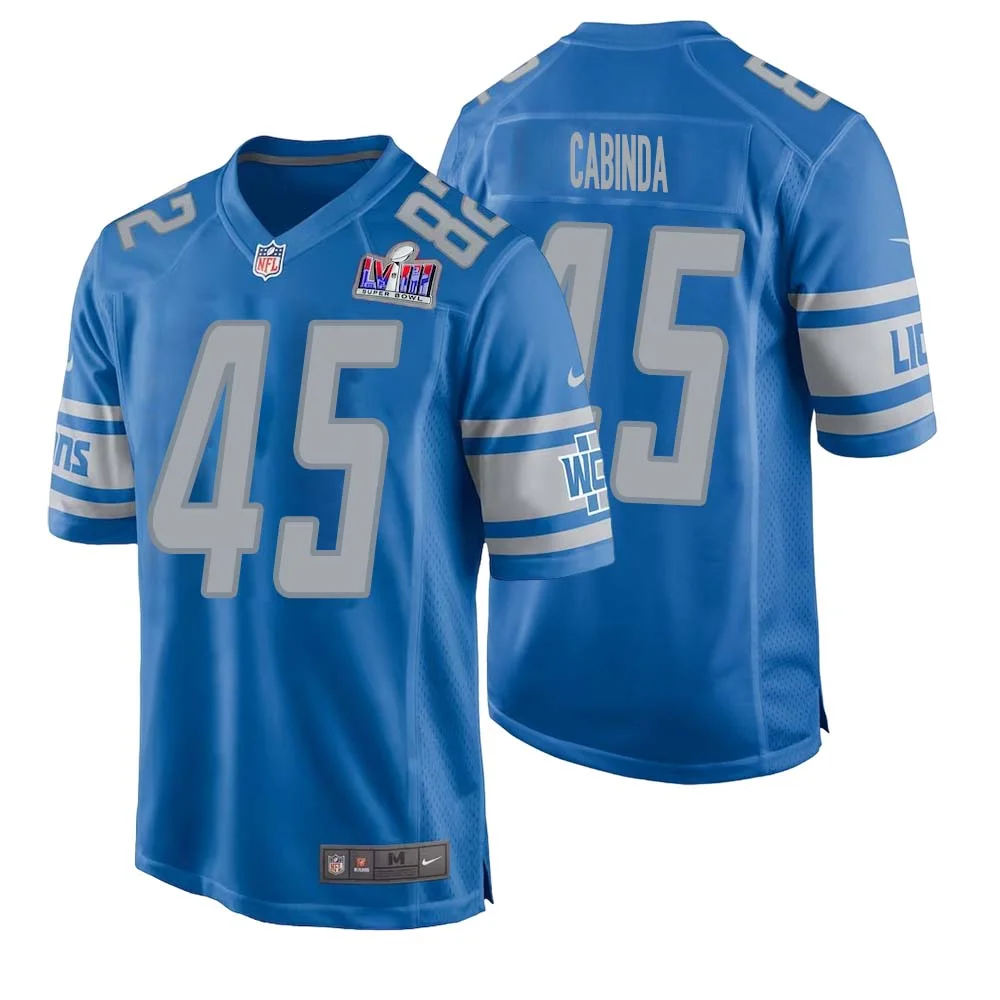 Jason Cabinda No 45 Mens Custom Blue Detroit Lions Super Bowl LVIII Player Home Game Jersey