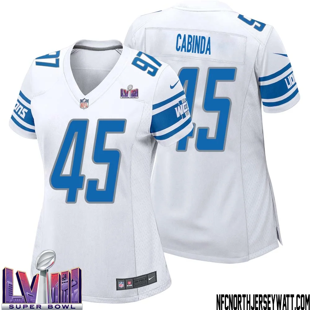 Jason Cabinda No 45 Women White Detroit Lions Player Super Bowl LVIII Away Game Jersey 1