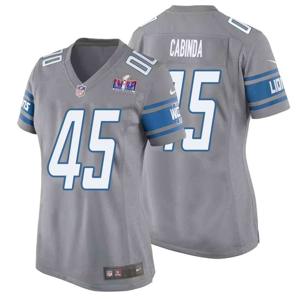 Jason Cabinda No 45 Womens Custom Gray Detroit Lions Alternate Super Bowl LVIII Game Jersey