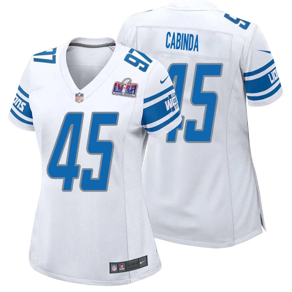 Jason Cabinda No 45 Womens Custom White Detroit Lions Super Bowl LVIII Away Game Jersey