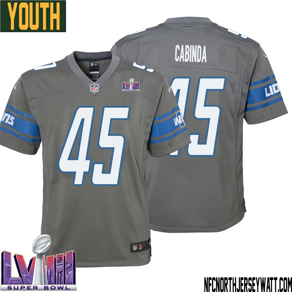 Jason Cabinda No 45 Youth Grey Detroit Lions Player Super Bowl LVIII Alternate Game Jersey 1