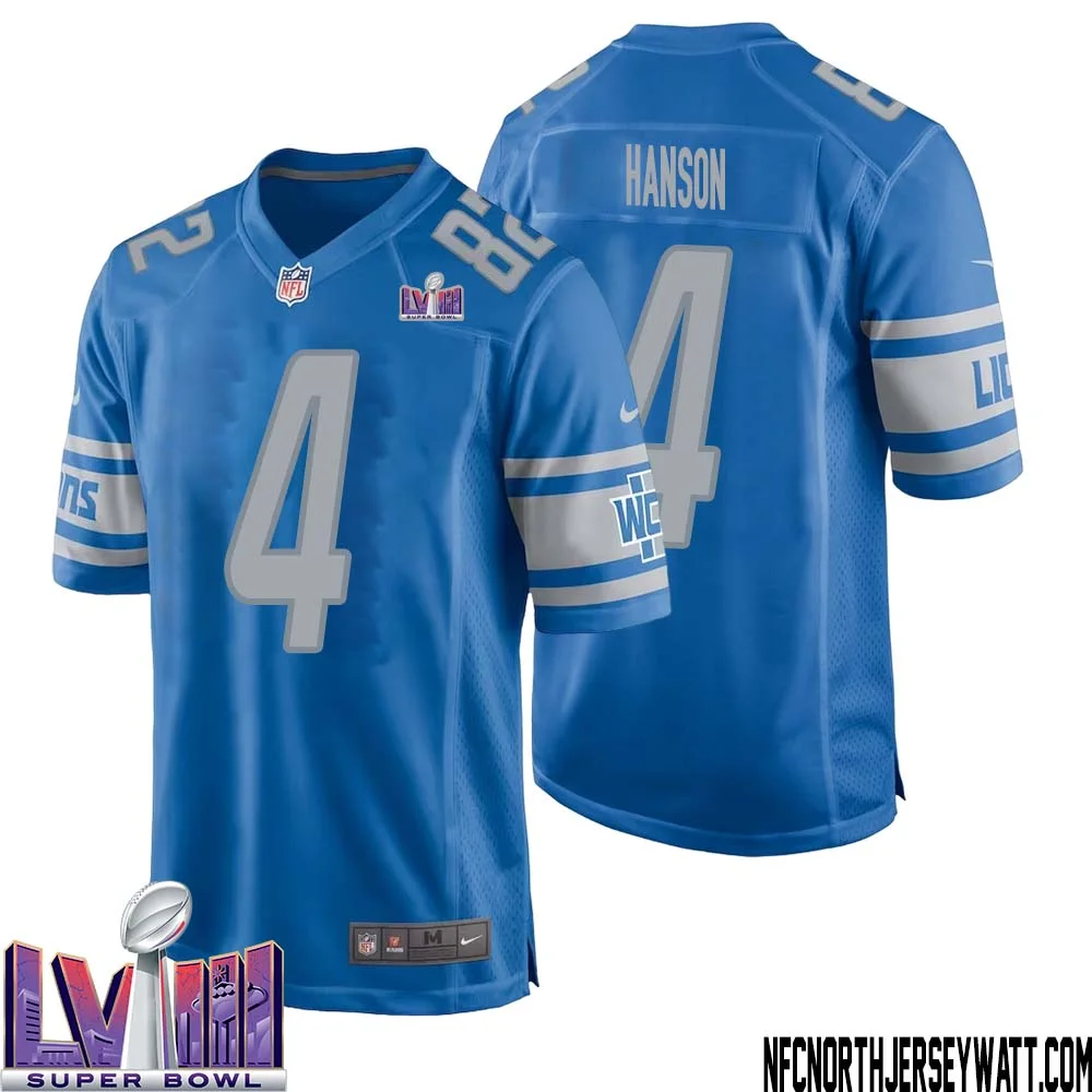 Jason Hanson No 4 Men Blue Detroit Lions Player Super Bowl LVIII Home Game Jersey